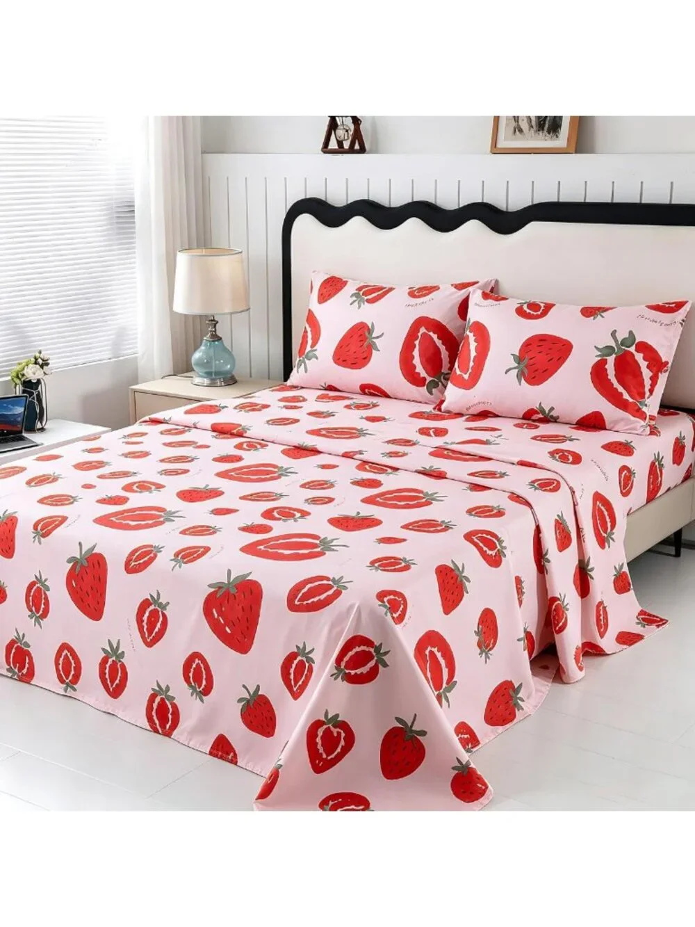 Cute Pink Strawberry Queen Sheet Set - Soft Microfiber Bedding for Kids & Teens